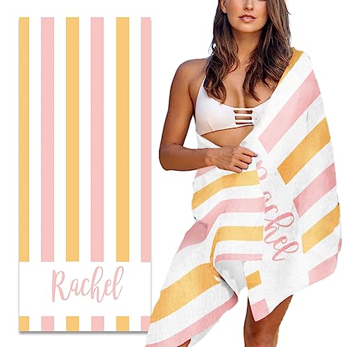 MeMoShe Personalized Beach Towel with Name Custom Microfiber Kids Beach Towels Sand Free Quick Dry Pool Towel Blanket Stripes Print Beach Towels for Adults 30x60 Inch - color: Multi-color 4