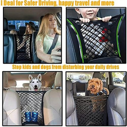 Dog Car Net Barrier with Auto Safety Mesh Organizer Baby Stretchable Storage Bag Universal for Cars.