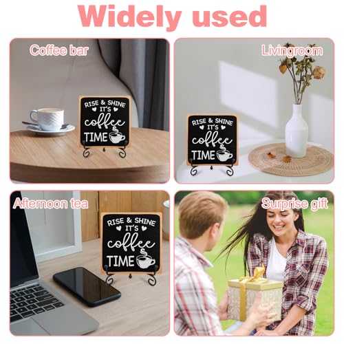 YUXIANLB Coffee Bar Sign Decor 4"X 4" Rise & Shine It's Coffee Time Wooden Plaque for Home Kitchen Bar Tabletop Rustic Farmhouse Wood Cafe Signs with Stand for Cafe Corner Shelf Table Decorations
