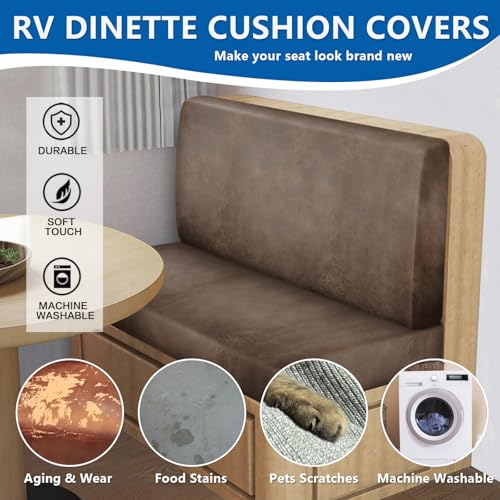 ANARACHON Leather Look RV Dinette Cushion Covers, Stretchable Camper Couch Cushion Covers Washable RV Bench Seat Cover for Travel Trailer Couch (2 Backrest Cover & 2 Bench Cover, 02 Light Brown) - color: 02 Light Brown, size: 2 Sets