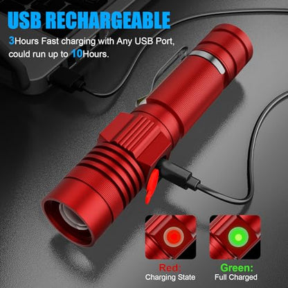 Hoxida Flashlight USB Rechargeable, Magnetic LED Flashlight, Super Bright LED Tactical Flashlight with Cob Sidelight, Waterproof, Zoomable Best Small LED Flashlight for Camping, Emergency -Red - color: Red