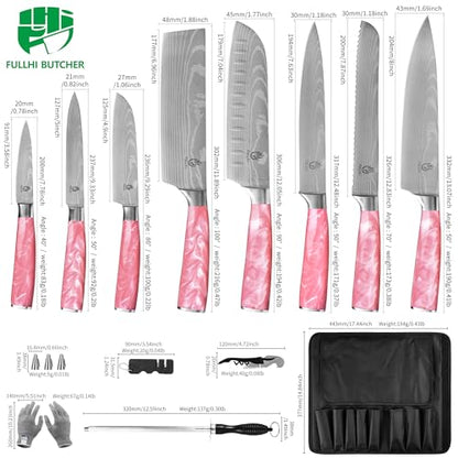 FULLHI 15pcs Japanese Knife Set with Magnetic Knife Block Holder, Japan Stainless Steel Blades, Ergonomic Handles for Professional and Home Cooking (Pink, Knife set) - color: Pink, size: 14 Piece Knife Set
