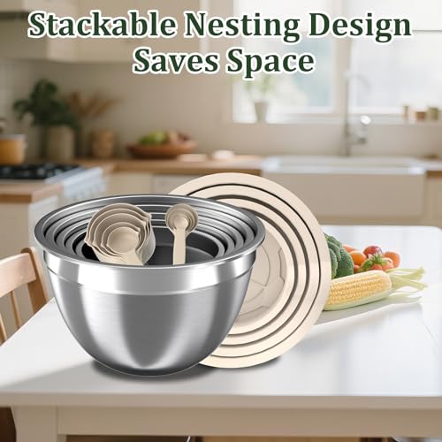 Mixing Bowls with Lids Set, 16PCS Stainless Steel Mixing Bowls,Nesting Storage Bowls for Kitchen with Mixing Bowls Set, Colander, Strainer & Grater , Metal Salad Bowl for Kitchen Gadgets , Cream - color: Cream