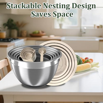 Mixing Bowls with Lids Set, 16PCS Stainless Steel Mixing Bowls,Nesting Storage Bowls for Kitchen with Mixing Bowls Set, Colander, Strainer & Grater , Metal Salad Bowl for Kitchen Gadgets , Cream - color: Cream