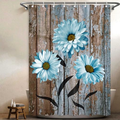 RV Camper Shower Curtain Rustic Farmhouse Floral Shower Curtains for Travel Trailer Bathroom Blue Daisy Flower Decor Fabric Camping Bath Accessories Set with Hooks 47 x 64 Inch - color: Grey, size: 47"W x 64"L (Pack of 1)