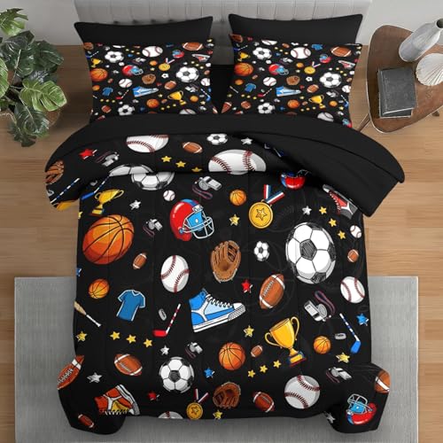 Pamnest Comforter Set Twin Size, Basketball Football Baseball 5 Pcs Bedding for Kids and Adults, Hockey Soccer Sport Bed Sheet Sets with Fitted Sheet Pillowcase & Sham for Bedroom Bed Decor - color: Ball, size: Twin
