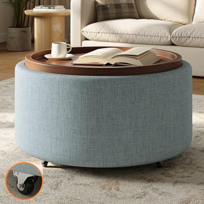 Round Storage Ottoman Coffee Table with Walnut Tray, 30'' Round Ottoman with Storage, Modern Upholstered Coffee Table with with 4 Casters for Living Room, Linen Fabric, Light Blue - color: Light Blue