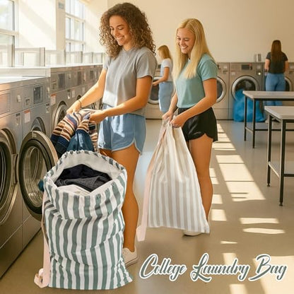 SATINIOR 2 Pcs Stripe College Laundry Bag Green Beige Canvas Travel Laundry Bags with Drawstring Shoulder Straps 29" x 18" Washable Dirty Clothes Hamper Organizer for Dorm Laundromat Apartment Camping - style: Stripe