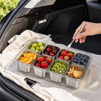 Snackle Box Container, 304 Stainless Steel Snack Box, Snacklebox for Fruit, Snackle Box with Individual Lids and 2 forks, 8 Compartment Stainless Steel Snack Containers for Party, Beach, Travel - color: Silver Gray