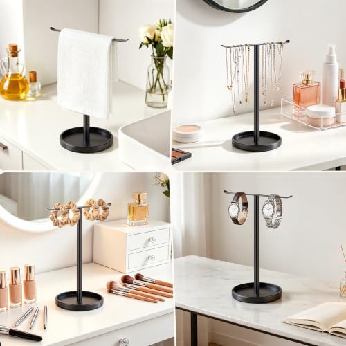 Stainless Steel Hand Towel Holder with Storage Tray for Bathroom Countertop | Weighted base with anti-slip pads keeps towels stable while the tray neatly stores jewelry, watches and essentials. - color: Black-1p（with Tray）