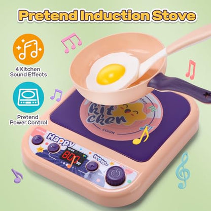 CUTE STONE Kids Kitchen Accessories, Toy Pots & Pans Set with Sound & Light Induction Cooktop, Cuttable & Peelable Play Food, Play Cookware, Educational Role Play Gift for Toddlers & Kids Ages 3+ - style: Purple with induction
