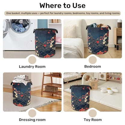 Japanese Cherry Blossom Laundry Basket, Blue Large Clothes Hamper Bag with Handles, Space Saving Foldable Design for Nursery - color: Japanese Wave Cherry Blossom