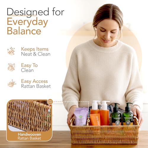 Nature-Inspired Rattan Pantry Organizer Baskets Set of 2 with 3 Removable Dividers – Handwoven Storage Bins for Kitchen or Bathroom Organization, Ideal for Snacks, Coffee & Tea (13” x 7.3” x 3.7”)