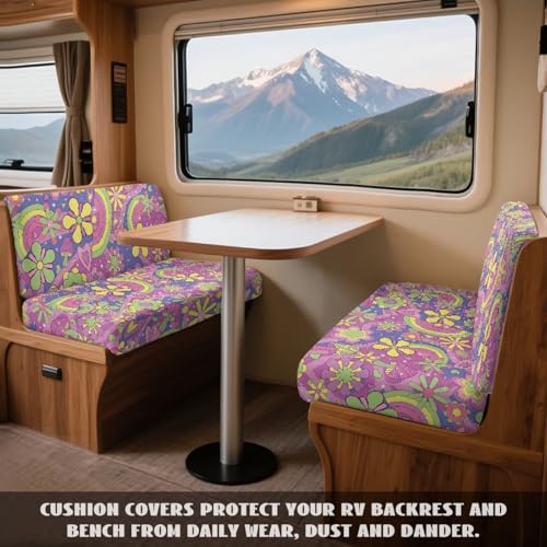 Hippie Daisy Pattern 2 Pcs RV Dinette Cushion Covers Washable Camper Cushion Slipcover Thickened Camper Seat Covers Dinette Booth Sofa Slipover for Travel Trailer Couch - color: Hippie Daisy