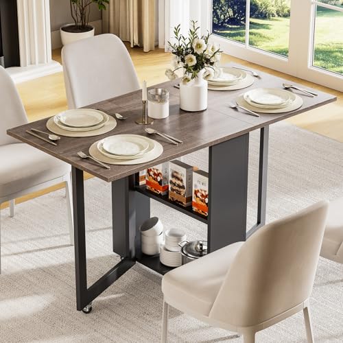 LotFun Folding Dining Table with 2 Storage Racks, Space Saving Dining Table with 6 Wheels, Kitchen Table for Small Spaces - color: Grayish Black + Gray Wood Grain