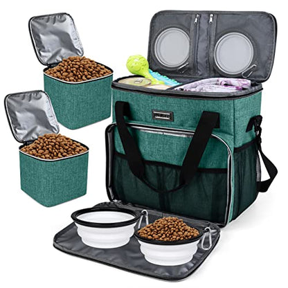 BAGLHER Pet Travel Set Airline-Approved Carrier for Small/Medium Cats & Dogs + Travel Bag with Food Containers & Silicone Bowls, Grey & Green - color: Green, size: Medium
