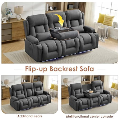 TUNYI Power Loveseat Recliner Sofa with Massage & Heat Home Theater Seating with Console RV Recliner Loveseat Sofa with USB/Storage/Side Pocket/LED Light/Speaker (Dark Grey, 3 Seat) - color: Dark Grey, size: 3 Seat