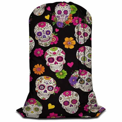 Swono Sugar Skull Drawstring Closure Dirty Clothes Bag Organizer, Heavy Duty Large Laundry Bag, Day Of The Dead Mexican Skeleton Floral Rip-Stop Bags for Camp Travel, Machine Washable, Spooky - color: Sugar Skull