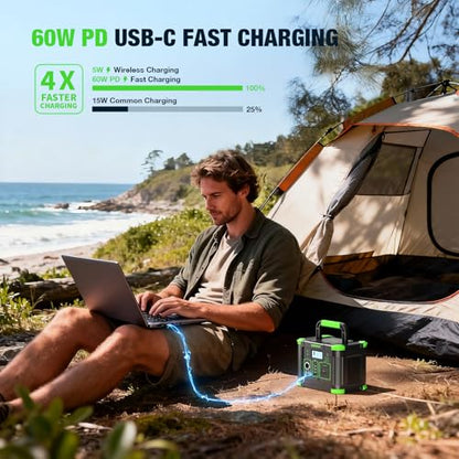 330W Portable Power Station 288.6Wh Solar Generator with 600W Peak, PD 60W USB-C, QC3.0 & 5W Wireless Charger for Camping, Emergency Backup, RV & Home Use - color: Green