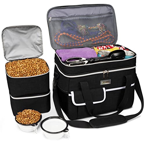 BAGLHER Dog Travel Bag for Supplies - Double-Layer Airline Approved Weekend Pet Travel Organizer Set for Dog and Cat Tote with 2 Pet Food Containers and 2 Collapsible Silicone Bowls Black - color: Black, size: Large