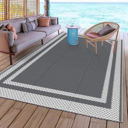 HappyTrends,Outdoor Rug,Patio Rug,Reversible Portable Outdoor Plastic Straw Rug,Camping Rugs for Outside RV,Large Waterproof Area Rugs for Patio,Deck,Picnic,Porch,Balcony(4'x 6',White&Gray) - size: 4' x 6' (Rectangular)