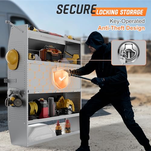 Cargo Van Shelving with Lockable Door Kits,Fit Transit, Nv, Promaster,Sprinter Mid/High Roof,Adjustable Heavy-Duty Steel Van Shelving Storage System W/Hooks & Ropes,52" W X 60" H X 13" D