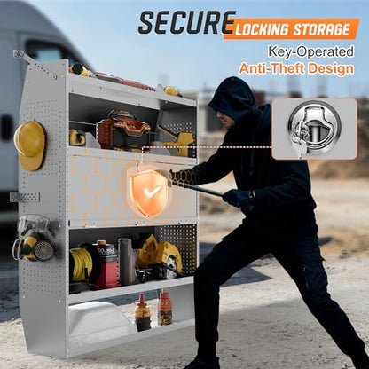 Cargo Van Shelving with Lockable Door Kits,Fit Transit, Nv, Promaster,Sprinter Mid/High Roof,Adjustable Heavy-Duty Steel Van Shelving Storage System W/Hooks & Ropes,52" W X 60" H X 13" D
