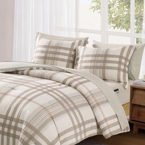 MaiRêve Full Size Comforter Set Brown Grey, Classic Plaid Farmhouse Bedding Sets 7 Pieces, All Season Lightweight Bed in a Bag with Sheets, Pillowcases & Shams - color: Brown Grey, size: Full