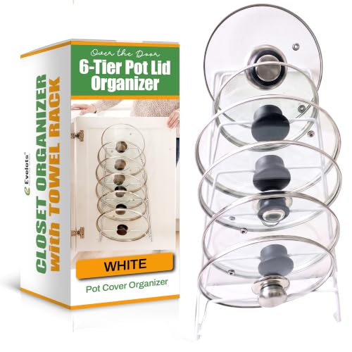 Evelots 6 Pot Lid Organizer for Cabinet Door or Pantry Wall - Closet Door Pots and Pans Lids Holder - Glass or Metal Pan Covers Cabinet Organizer Kitchen Storage - White 6 Tier Lid Rack - size: Set of 1, style: White - Cabinet/Wall Mounted