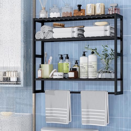 PPN Extra Large Towel Rack Bathroom Storage Shelves Over The Toilet with Towel Bar 100% Bamboo Adjustable Height Floating Shelf Wall Shower Shelf for Small Space Bathroom Kitchen Multi Usage - color: Black Extra Large