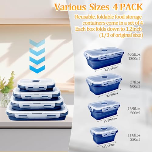 Collapsible Silicone Food Storage Container, Meal Prep Food Storage Containers with Lids, Lunch Containers Collapsible Bowls Sets for Microwave, Oven, Freezer and Dishwasher, BPA Free, Dark Blue - color: Dark Blue