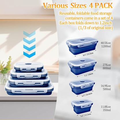 Collapsible Silicone Food Storage Container, Meal Prep Food Storage Containers with Lids, Lunch Containers Collapsible Bowls Sets for Microwave, Oven, Freezer and Dishwasher, BPA Free, Dark Blue - color: Dark Blue