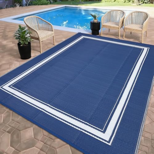 Garvee 8x10 Outdoor Rug for Patios Modern Reversible Camping Carpet, Waterproof Portable Straw Plastic Bordered Outdoor Mat with 4 Stakes for RV, Picnic, Backyard, Deck, Balcony, Porch, Beach, Navy - color: Border|navy, size: 8' x 10' (Rectangular)