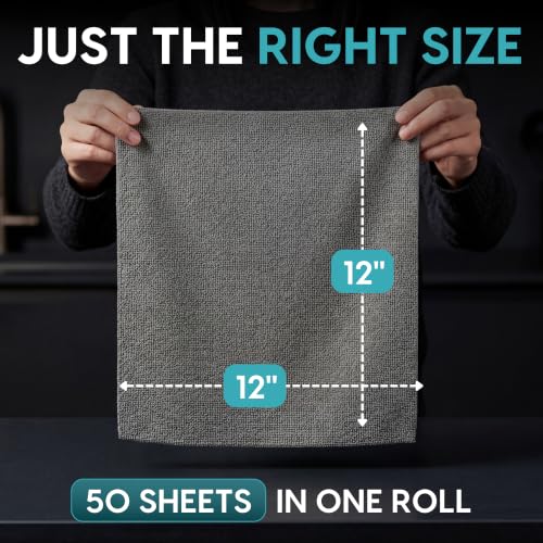 Microfiber Cleaning Cloth Roll Tearaway, 50 PCS Tear Away Towels, Reusable & Washable, Ultra Absorbent 12" x 12" Dish Rags for Car, Home, Kitchen, , 180 GSM Thickness, Paper Towel Alternative - color: Grey