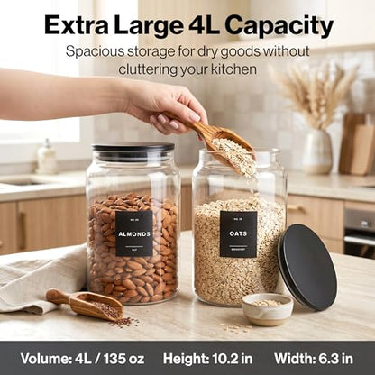 EDELHAUS 2x Large Glass Storage Containers with Airtight Black Lids [135oz/4000ml] | Extra Thick Glass Canisters for Pantry + 63 Labels | Flour Rice Cereal Sugar Coffee Beans Tea - color: 2x4000ml Black Lid