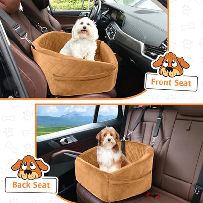 NEEZUKAR Dog Car Seat for Small Medium Dogs,Detachable Washable Dog Booster Seat Under 30lbs,Pet Car Seat Travel Bed with Storage Pockets and Dog Safety Belt（Brown - color: Brown