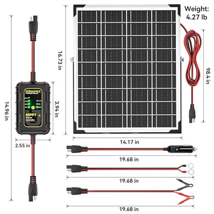 SUNAPEX 12V Solar Battery Charger: 25W Waterproof Solar Panel Kit- Aluminum Trickle Charger for Car Battery with MPPT Controller - Battery Tender Motorcycle Boat Marine RV Trailer Tractor Truck - size: 25W - MPPT