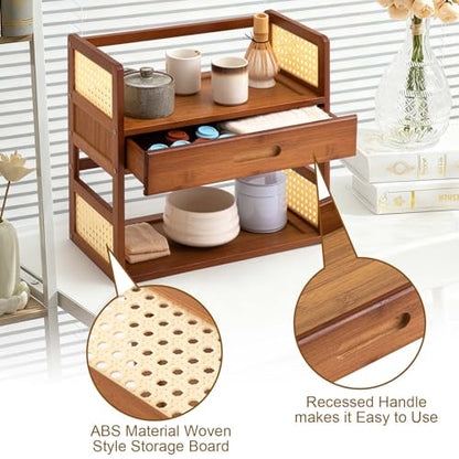 Yalikop Bamboo Matcha Station Organizer 2 Tier Countertops Stand Shelf with Hidden Drawer Coffee Station Organizer for Whisk Set Bowl Cup Mug, Home Kitchen Bars 15.75" x 7.87" x 15.35"(Brown)