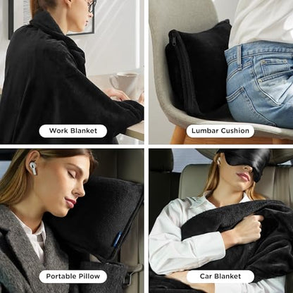 Bedsure Travel Blanket Airplane Compact with Storage Bag, Packable Blanket with Eye Mask, Lightweight 2-in-1 Travel Essentials, Functioned as Pillow for Airplane Comfort and Warmth, Black - color: Black