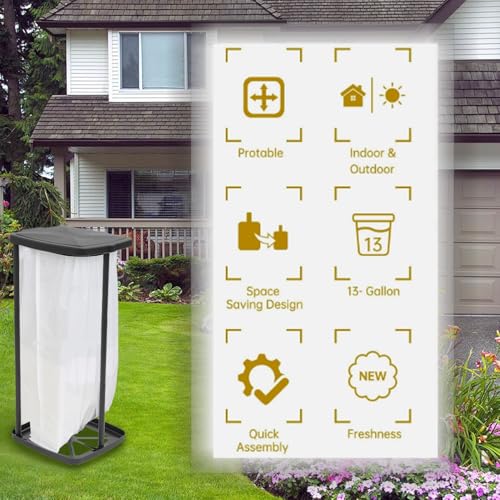 Portable Trash Bag Holder with Lid 13 Gallon Collapsible Garbage Bin for Camping, Kitchen, Outdoors Foldable Stand for 13-16 Gallon Bags Lightweight for Hiking, Picnics & Parties Black Polypropylene