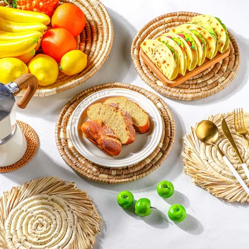 11 Pcs Boho Hanging Wall Basket Decor Handmade Woven Basket Wall Decorative Boho Wicker Baskets Placemats Round Farmhouse Bulrush Art for Rustic Home Decorations Christmas Gift(Rustic) - style: Rustic