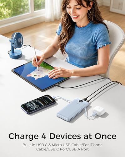 VEGER Portable Charger with Built-in AC Plug and Cables, All in One 10000mAh Ultra Slim Power Bank Travel Essentials, USB C External Battery Pack Compatible with iPhone, Samsung, More, Blue - color: D Blue
