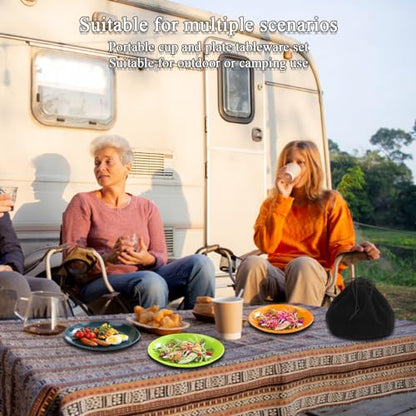 Evanda Camping Cutlery Set, Reusable Light Weight Mug, Plate and Stainless Steel Cutlery Set with Black Bag, Dishwasher Safe - color: 3.4 Person