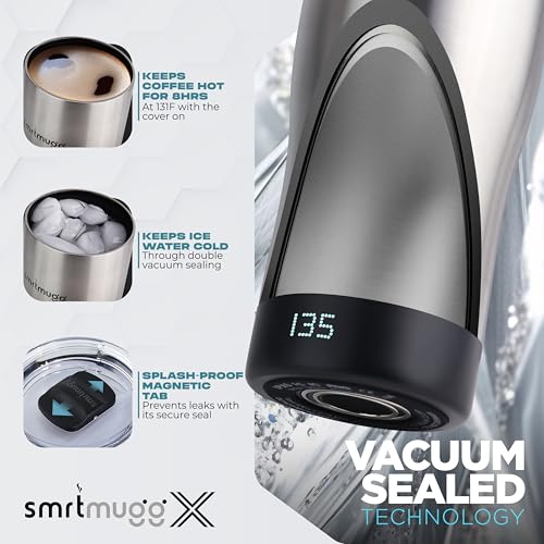 SmrtMugg X Heated Coffee Mug 19 oz., 8 Hour Battery Life, Self-Heating, Adjustable Temp Controlled, LCD Screen, Includes Cover with Magnetic Slider (Black) (Stainless Steel) - color: Stainless Steel