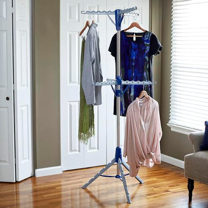 Household Essentials 5012-1 Portable 2-Tier Clothes Drying Rack Tri-pod | Dry Wet Laundry or Hang Clothes | Silver and Blue - size: Large