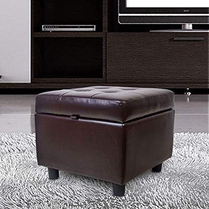H&B Luxuries Tufted Leather Square Flip Top Storage Ottoman Cube Foot Rest (Brown with Storage) - color: Brown With Storage