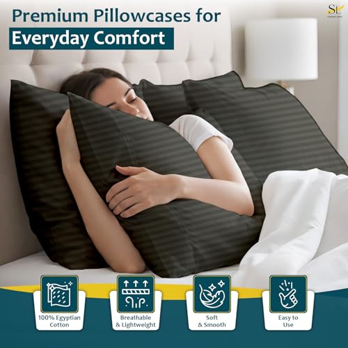Pillow Cases - Set of 2, Dark Grey Stripe Standard/Queen (20" X 30") - Pillow Covers Made of 100% Cotton - 300 Thread Count Super Soft and Breathable Sateen Weave Pillowcases. - color: Dark Grey Stripe, size: Standard/Queen (20"X30")