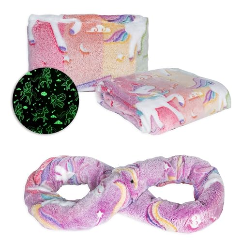 NAPRO Kids 3-in-1 Travel Blanket and Pillow Combo, Convertible Infinity Scarf, Lightweight Neck Support for Airplane, Car & Camping, Glow-in-the-Dark - Unicorn - color: Unicorn