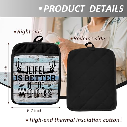 Hunting Cabin Gifts Pot Holders with Pockets, Life is Better in The Woods Moose Pot Holders Heat Resistant Oven Mitts Hot Pads for Kitchen Baking Cooking,Potholders for Kitchens - color: Louyzhut-3