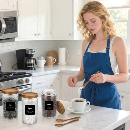 3 Pack 34 oz Glass Coffee Container with Wooden Tray Lid Spoon Labels Clear Airtight Glass Jar Food Storage Kitchen Canisters Set Decorative Coffee Bar Containers for Sugar Candy Tea Flour - size: 34 oz